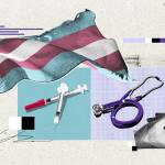 A collage with a trans pride flag, syringes, a stethoscope and a hand holding a pill