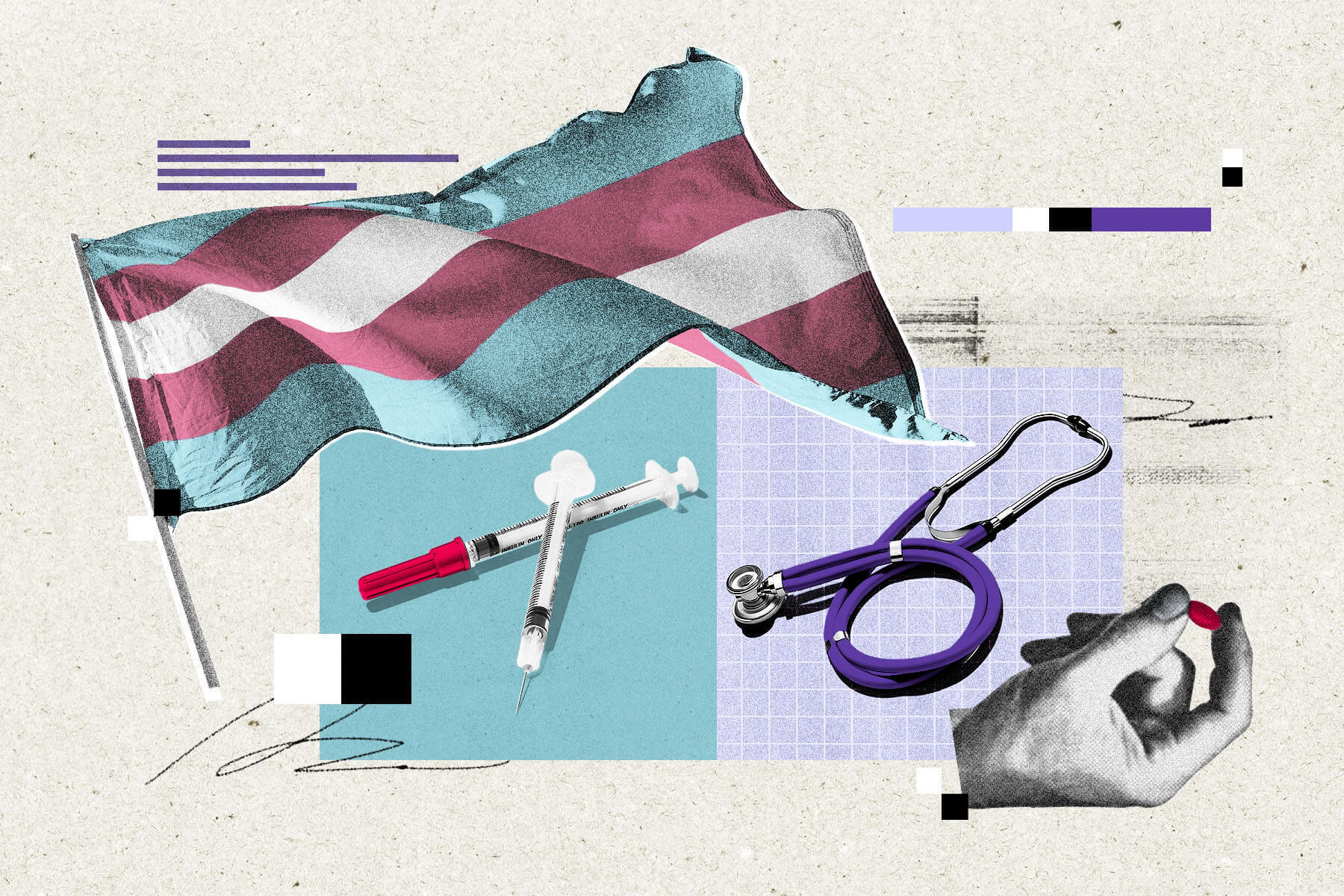 A collage with a trans pride flag, syringes, a stethoscope and a hand holding a pill