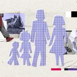 A collage with cutouts of a stereotypical family, with man, woman and two children, in graphing paper, plus a hand cleaning, someone walking with a briefcase seen from the waist down and a house