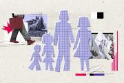 A collage with cutouts of a stereotypical family, with man, woman and two children, in graphing paper, plus a hand cleaning, someone walking with a briefcase seen from the waist down and a house