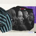 A collage with faces in profile, an American flag and numbers and graphing paper