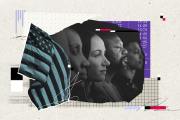 A collage with faces in profile, an American flag and numbers and graphing paper