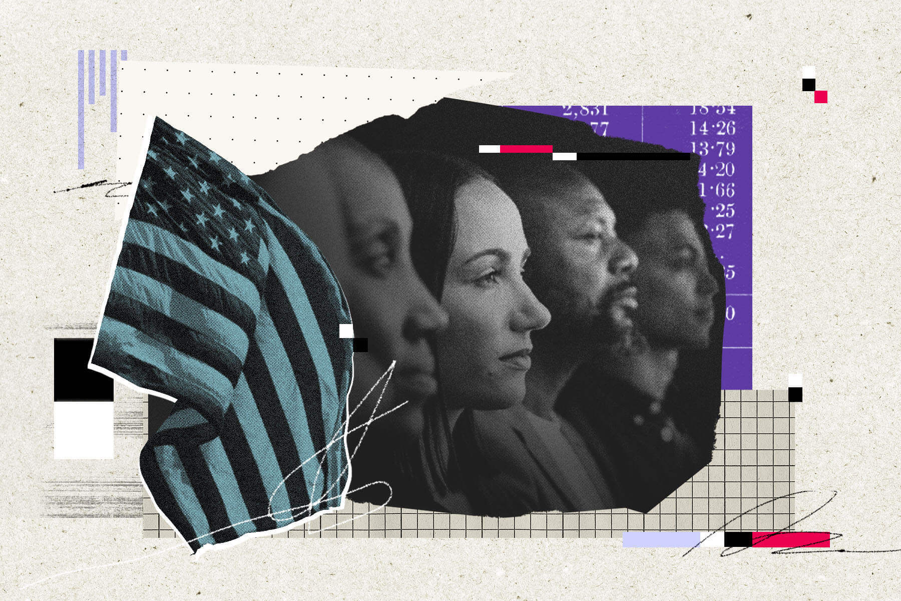 A collage with faces in profile, an American flag and numbers and graphing paper