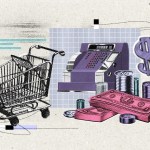 A collage-style illustration of consumer spending, featuring a black shopping cart, a purple cash register, stacks of coins, pink dollar bills, and a large purple dollar sign.