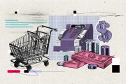 A collage-style illustration of consumer spending, featuring a black shopping cart, a purple cash register, stacks of coins, pink dollar bills, and a large purple dollar sign.
