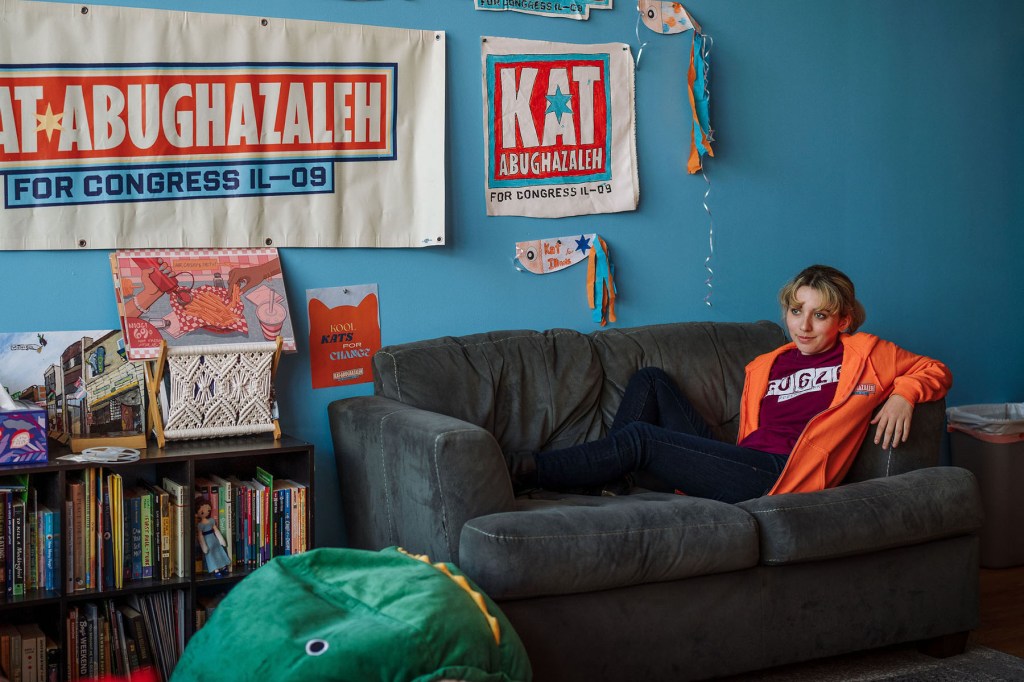 Kat Abughazaleh sits for a portrait in her campaign office in the North Side neighborhood of Rogers Park.