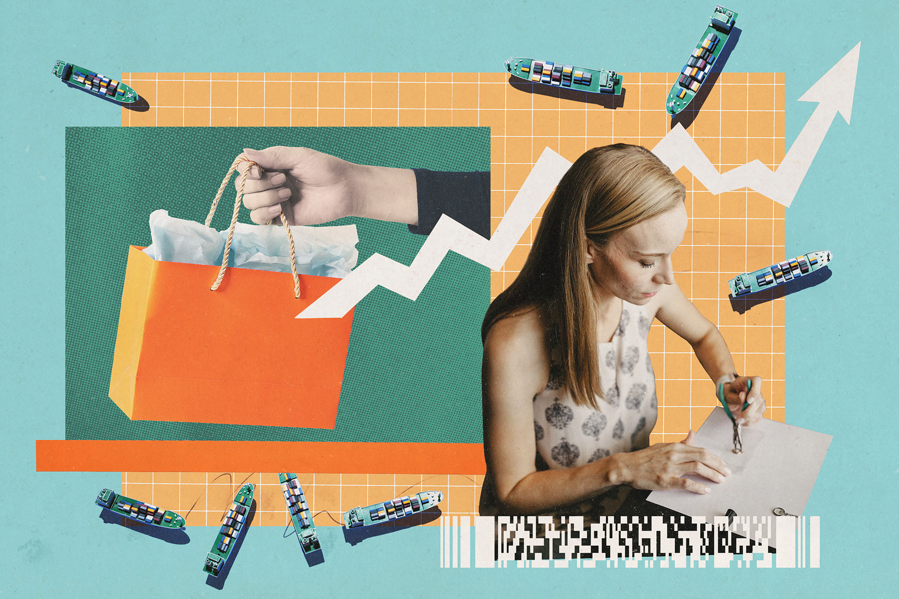 Collage of Etsy seller at work, shipping containers, and rising graph arrow symbolizing tariff impact.