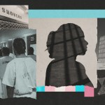 A collage on incarceration in Los Angeles: people in jail uniforms walking in line, a silhouetted woman’s profile behind bars, the Twin Towers jail, and a sheriff’s badge.