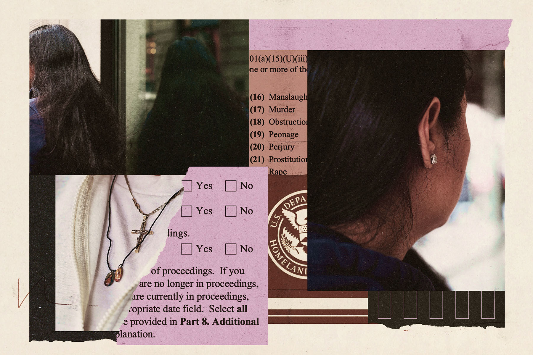 A collage combining multiple partial portraits: a woman’s dark hair seen from the back, another woman in profile with a small stud earring, and a close-up of layered necklaces including a cross. Surrounding these images are torn paper fragments of U visa documents, checkboxes, and text listing criminal charges.