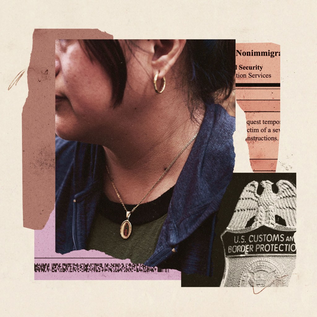 A collage of a woman shown in profile, her face partially obscured. She wears gold hoop earrings and a pendant necklace. Behind her, torn paper reveals fragments of immigration forms and a black-and-white badge from U.S. Customs and Border Protection.