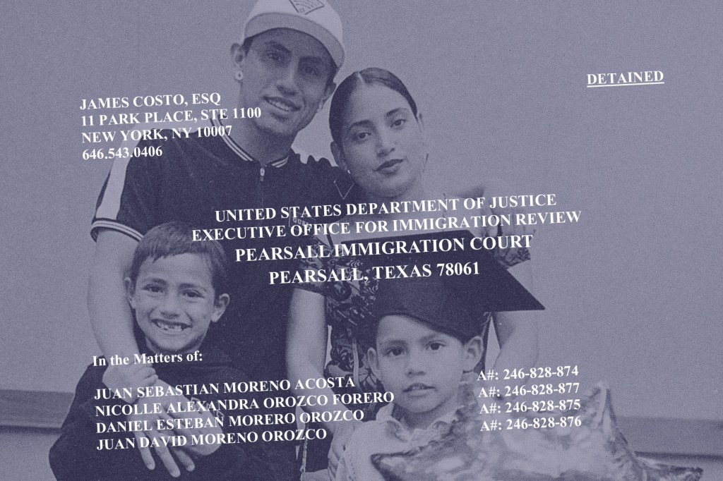 An illustration of Nicolle Orozco Forero, her husband Juan Sebastian Moreno Acosta, and their two young sons, with text from their immigration court filing overlayed to show their detention and deportation case.