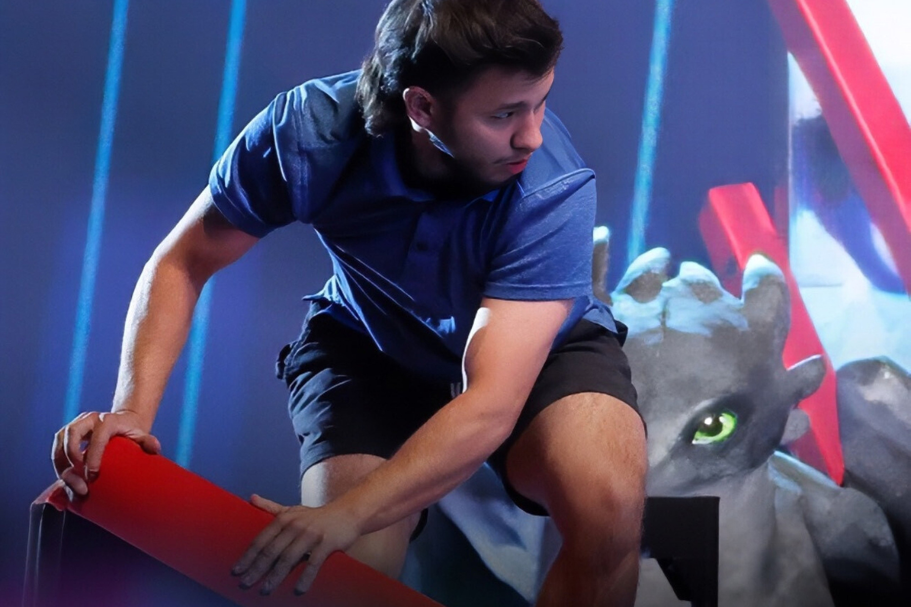 Reeves in the middle of an obstacle course on American Ninja Warrior.