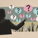 Collage of a man in a suit gesturing toward raised hands, with colorful speech bubbles containing question marks floating above them.