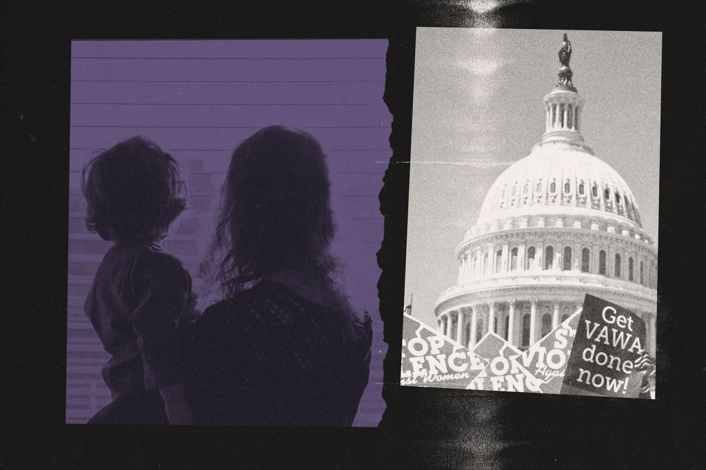 A split image showing a woman holding a child and looking out a window tinted purple beside a black-and-white photo of the U.S. Capitol with protest signs reading “Stop violence against women” and “Get VAWA done now!”