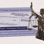 Collage featuring a court document from a lawsuit against Donald Trump labeled “Gender Promotion Provision” and “Equity Termination Provision,” with a bronze Lady Justice statue beside it.