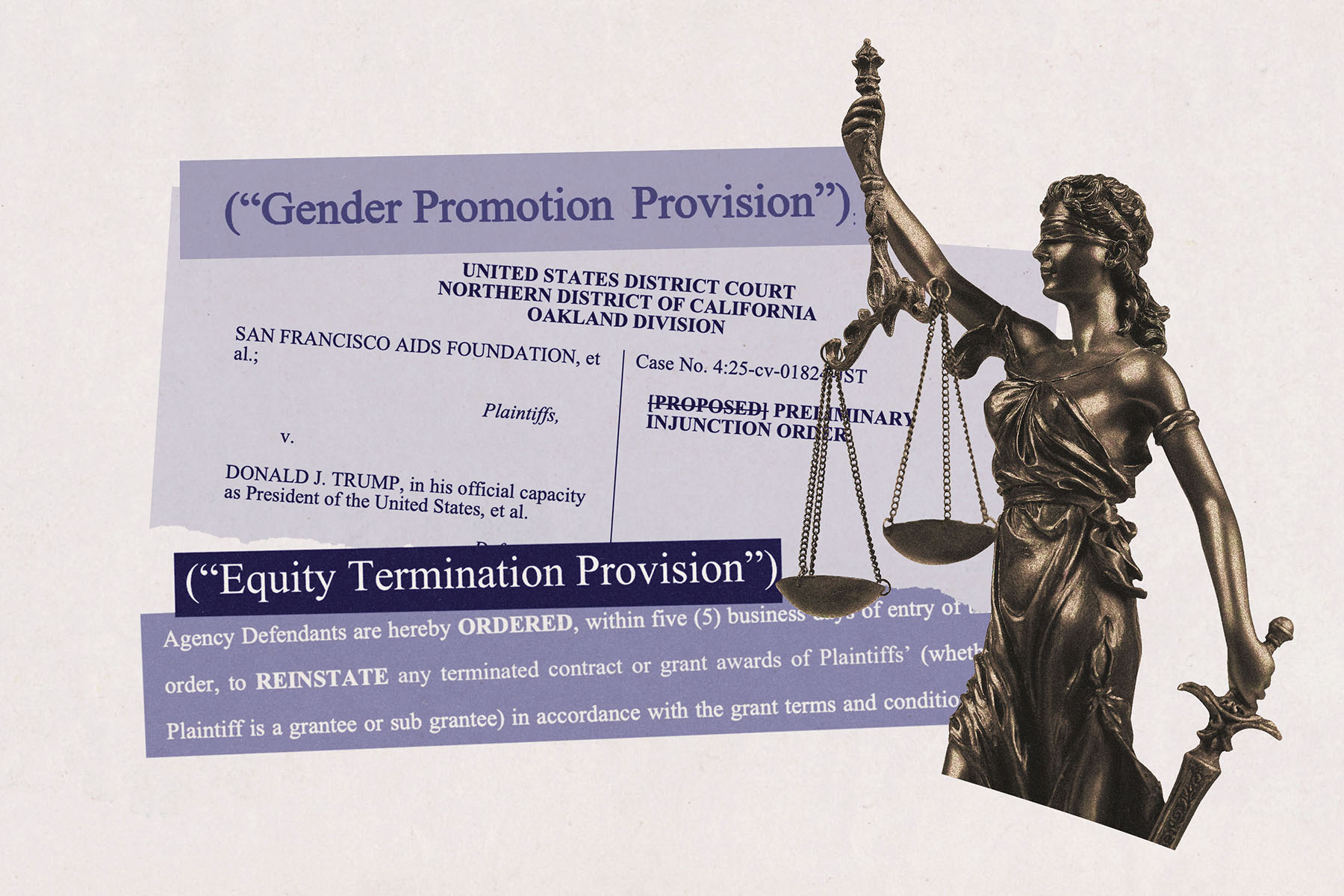 Collage featuring a court document from a lawsuit against Donald Trump labeled “Gender Promotion Provision” and “Equity Termination Provision,” with a bronze Lady Justice statue beside it.