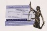 Collage featuring a court document from a lawsuit against Donald Trump labeled “Gender Promotion Provision” and “Equity Termination Provision,” with a bronze Lady Justice statue beside it.