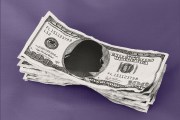 A stack of $100 bills with the silhouette of a woman replacing Benjamin Franklin’s portrait, against a purple background.
