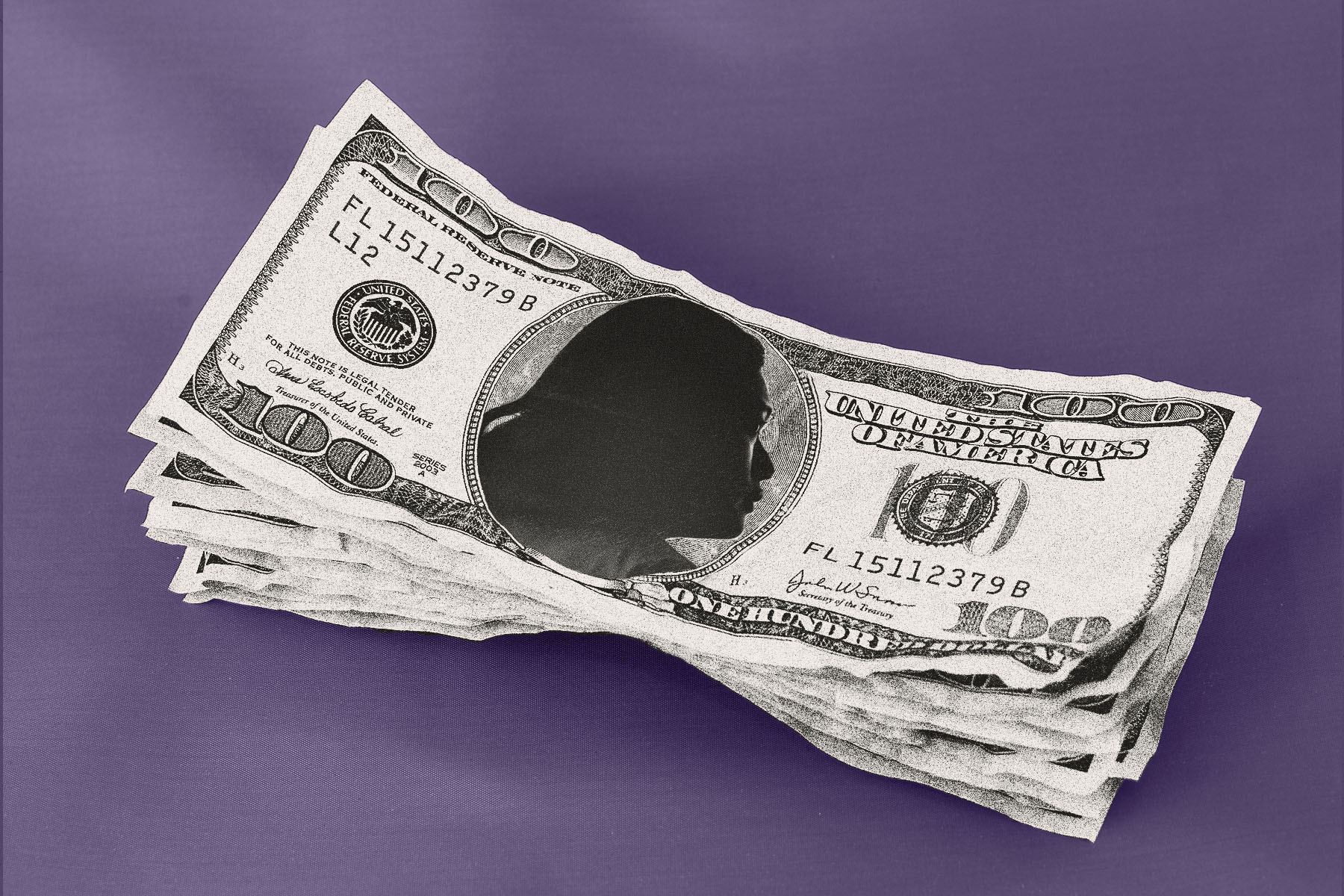 A stack of $100 bills with the silhouette of a woman replacing Benjamin Franklin’s portrait, against a purple background.