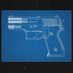 Blueprint of a firearm on black background.