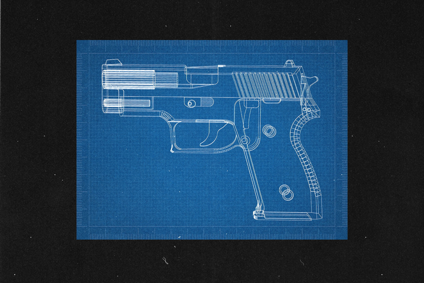 Blueprint of a firearm on black background.