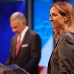 Democrat Mikie Sherrill waits during a break at the final debate in the New Jersey governor's race with Republican Jack Ciattarelli