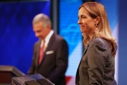 Democrat Mikie Sherrill waits during a break at the final debate in the New Jersey governor's race with Republican Jack Ciattarelli