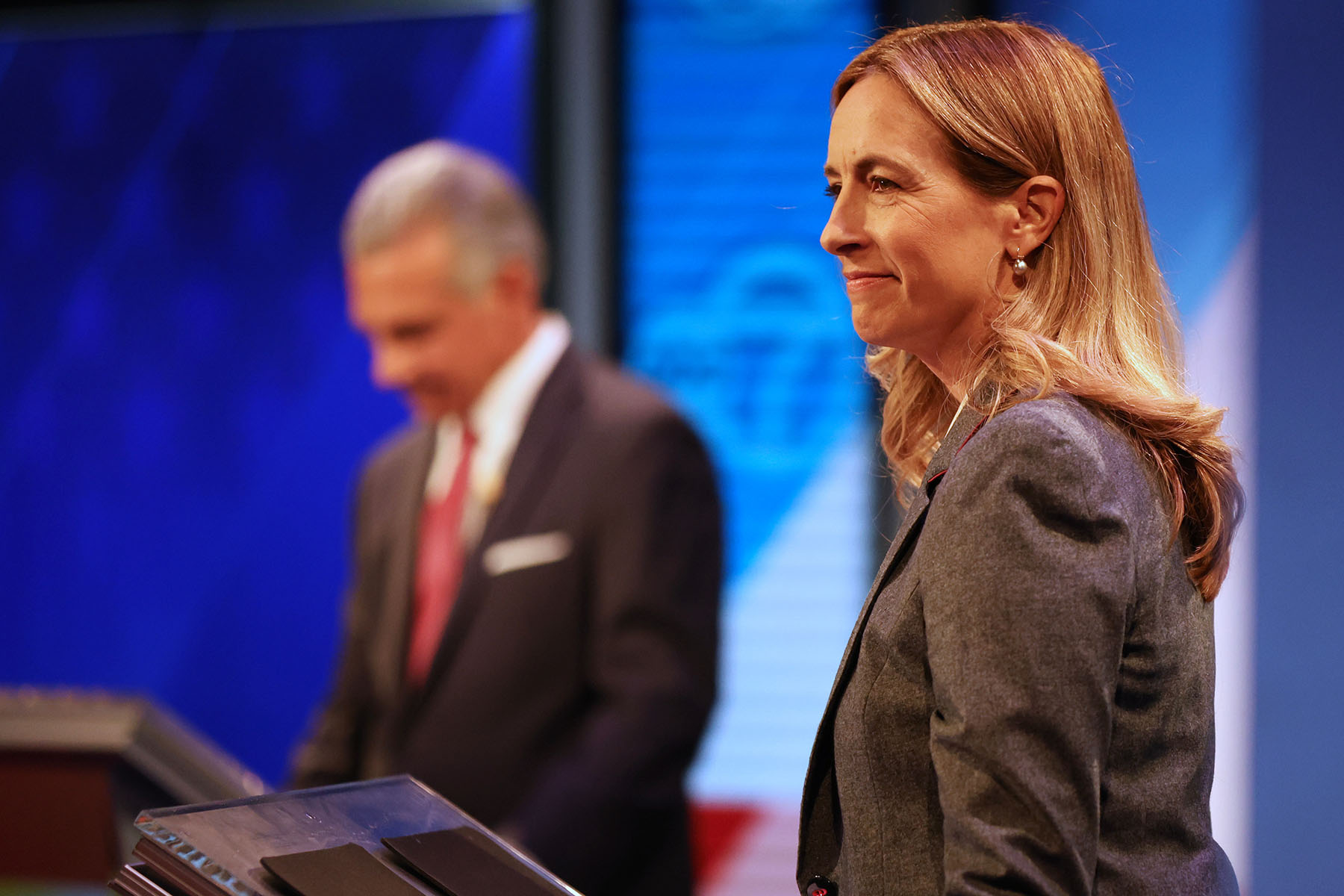 Democrat Mikie Sherrill waits during a break at the final debate in the New Jersey governor's race with Republican Jack Ciattarelli