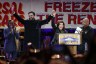 New York City mayoral candidate Zohran Mamdani holds hands with New York Governor Kathy Hochul on stage during a campaign rally at Forest Hills Stadium in the Queens borough of New York City.