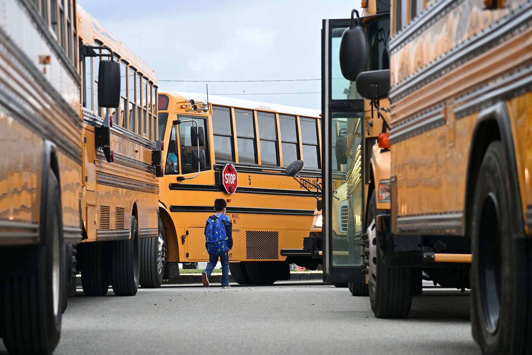 A young child wearing a blue backpack walks between a row of yellow school buses.