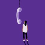 A woman stands on a purple background, looking up at a large telephone receiver hanging from a coiled cord above her.