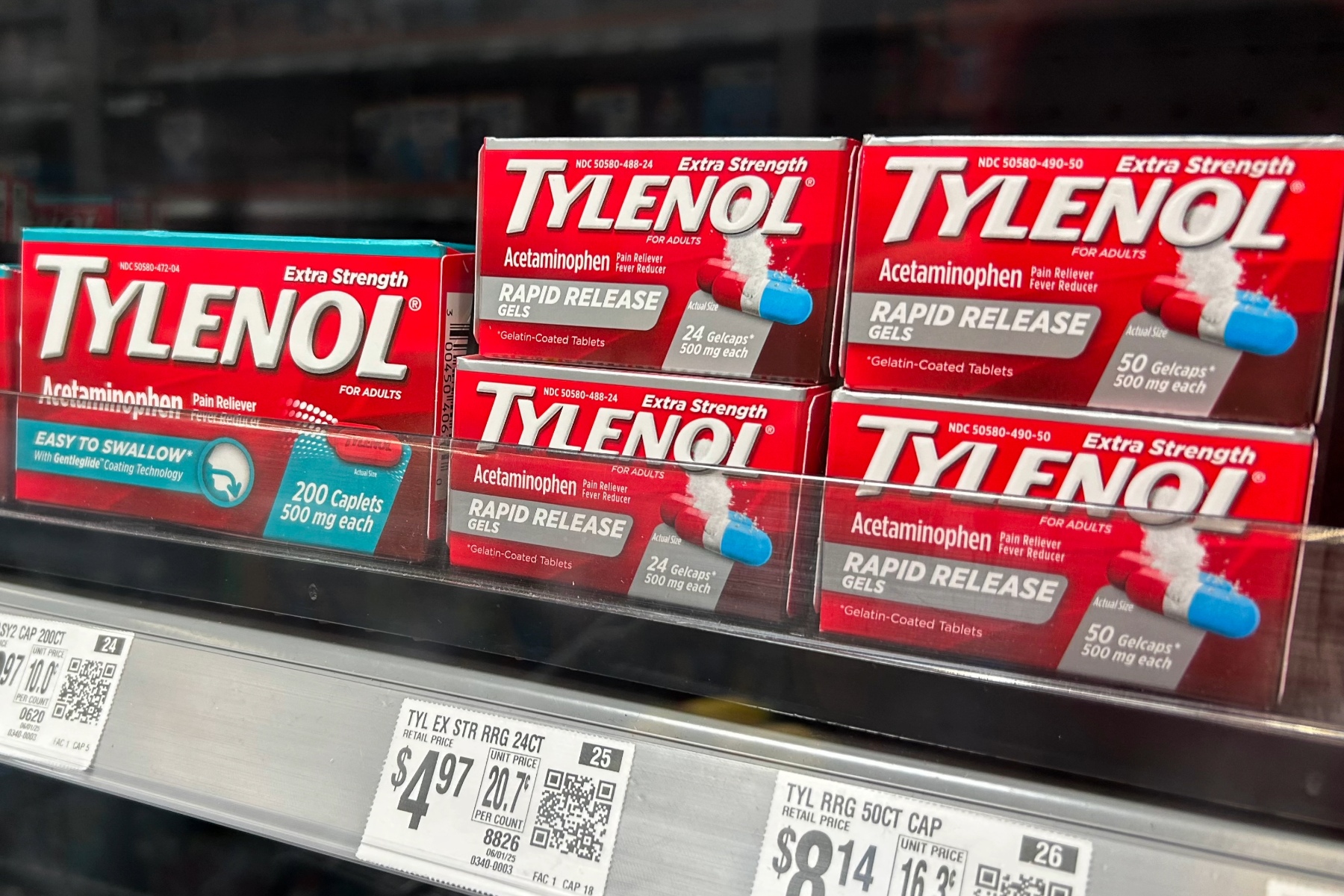 Tylenol packages in a pharmacy.