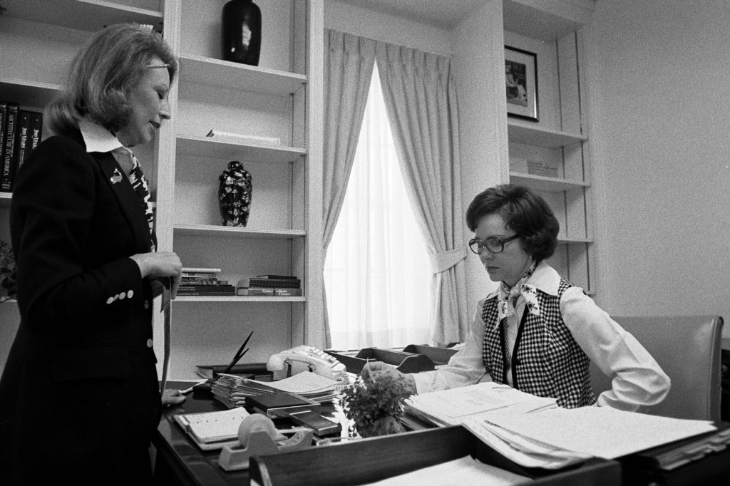 Rosalynn Carter, who established the Office of the First Lady's Projects, at work in her East Wing office.
