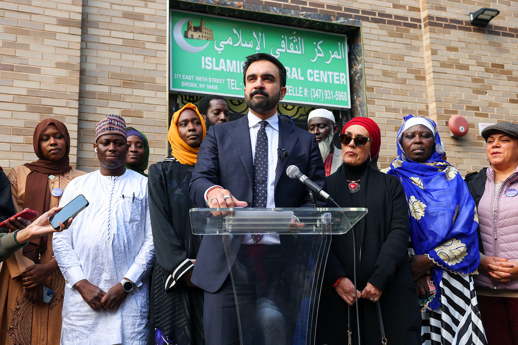 New York City mayoral candidate Zohran Mamdani speaks about Islamophobia outside of the Islamic Cultural Center of the Bronx