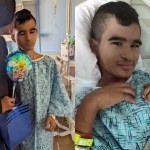 Left: Emmanual in a hospital gown holds a “Get well soon” balloon while his mother beside him kisses his forehead. Right: Emmanual lies in a hospital bed wearing a patterned hospital gown and looking toward the camera.