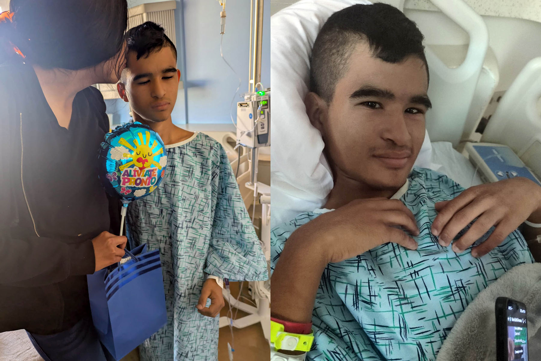Left: Emmanual in a hospital gown holds a “Get well soon” balloon while his mother beside him kisses his forehead. Right: Emmanual lies in a hospital bed wearing a patterned hospital gown and looking toward the camera.