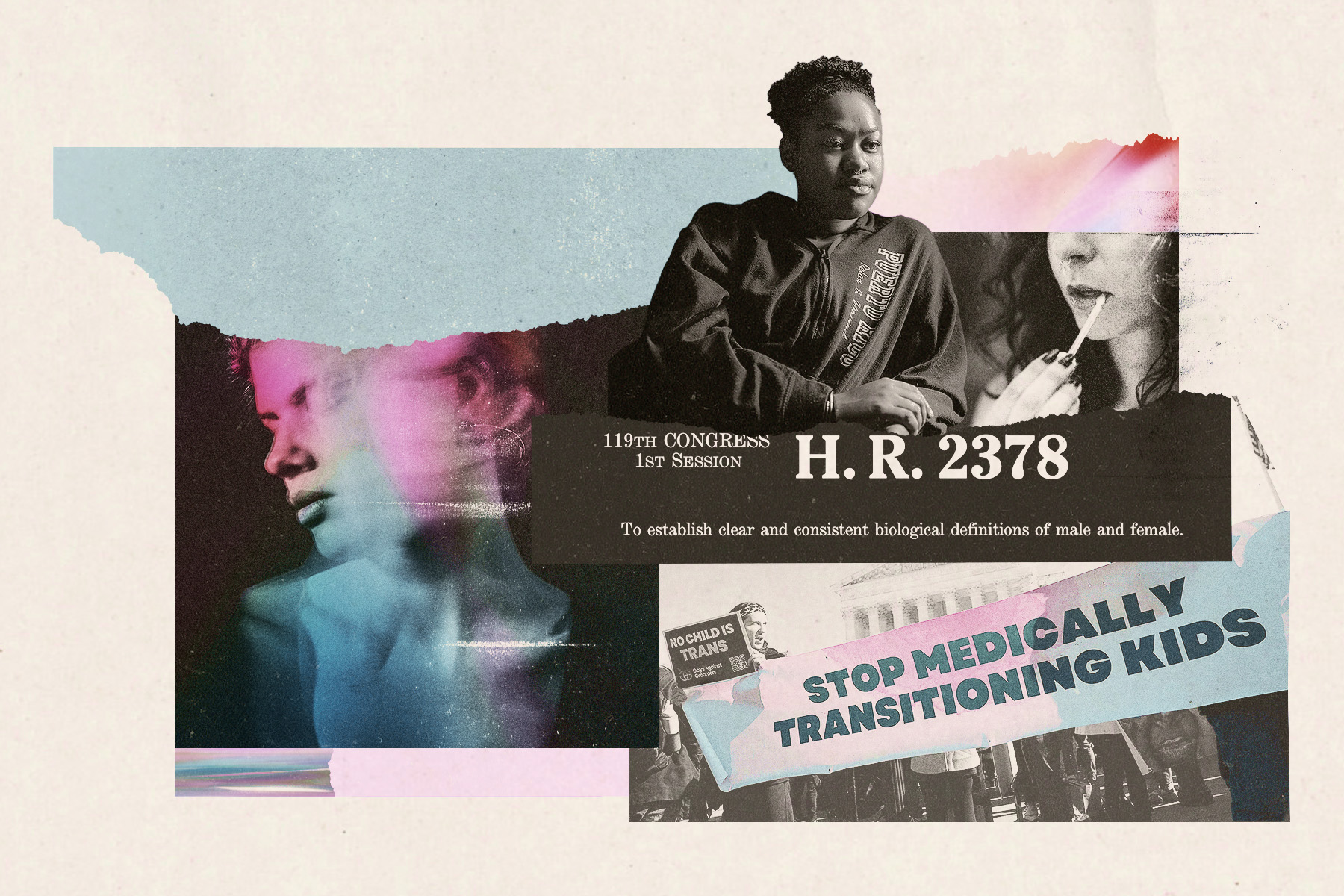 A digital collage illustrating debates over transgender rights and legislation. At the center, text reads “H.R. 2378 — To establish clear and consistent biological definitions of male and female,” referencing a bill introduced in Congress. Surrounding it are layered images: a Black teen in a hoodie looking thoughtful, a blurred portrait of a person with overlapping color gradients suggesting gender identity or transition, and a cropped image of a person applying lipstick. In the lower right, a protest photo shows a sign reading “STOP MEDICALLY TRANSITIONING KIDS.”