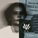 A conceptual collage featuring a blurred portrait of a person on the left and fragments of anti-trans political rhetoric on the right, including the phrases “There are TWO genders: MALE & FEMALE” and “Chloe Cole Act,” alongside imagery referencing the U.S. government.