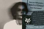 A conceptual collage featuring a blurred portrait of a person on the left and fragments of anti-trans political rhetoric on the right, including the phrases “There are TWO genders: MALE & FEMALE” and “Chloe Cole Act,” alongside imagery referencing the U.S. government.