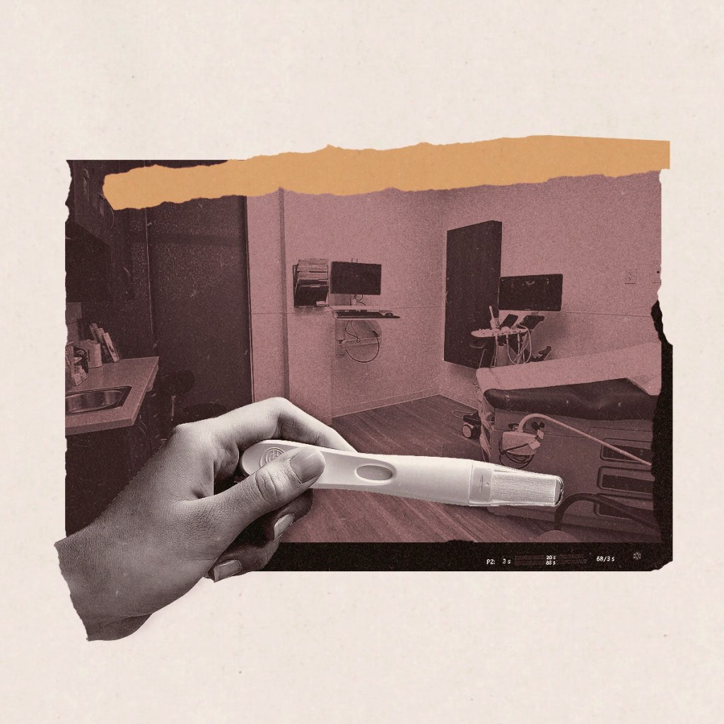 A hand holding a pregnancy test in front of an image of a gynecology exam room.