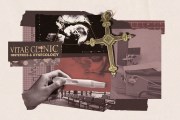 A digital collage showing an ultrasound image, a gold cross, a sign reading “Vitae Clinic Obstetrics & Gynecology,” a hand holding a pregnancy test, a clinic waiting room, and a gynecology exam room.