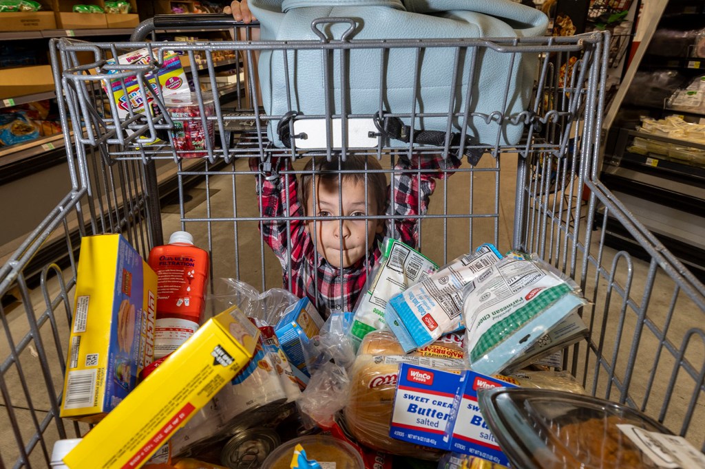 A young child looks through the bars of a grocery cart filled with food items. They hold onto the top of the cart while standing behind it in a supermarket aisle.
