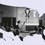 A black-and-white collage shows a teacher pointing at a large anatomical diagram of a uterus and ovaries in front of a classroom of students. The classroom scene is framed within the cutout shape of the United States.