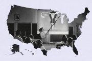 A black-and-white collage shows a teacher pointing at a large anatomical diagram of a uterus and ovaries in front of a classroom of students. The classroom scene is framed within the cutout shape of the United States.