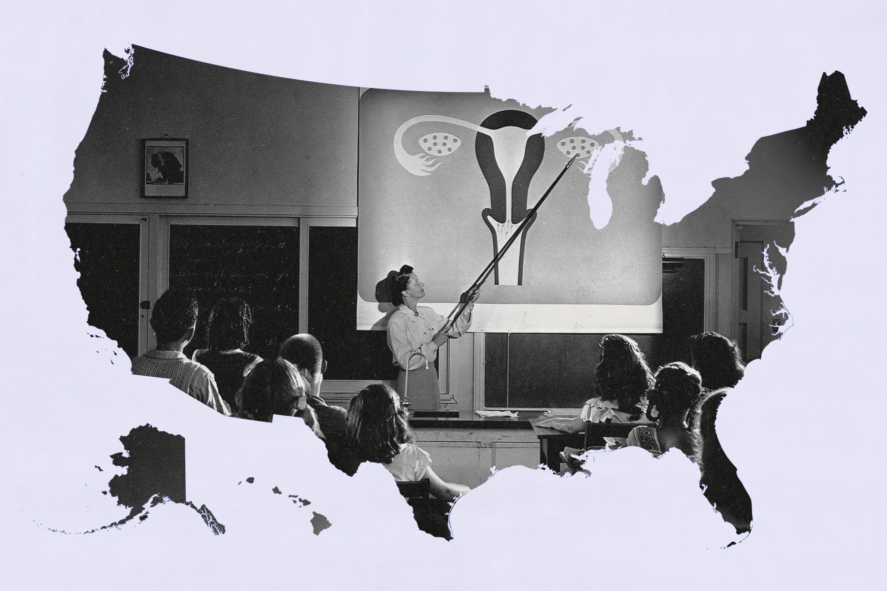 A black-and-white collage shows a teacher pointing at a large anatomical diagram of a uterus and ovaries in front of a classroom of students. The classroom scene is framed within the cutout shape of the United States.