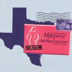 A pink Mifeprex (mifepristone) pill box marked “First Class Mail” appears centered over a dark silhouette of the state of Texas. A vintage purple postage stamp and black postal cancellation lines sit in the top right corner of the image. The background is a light speckled blue.