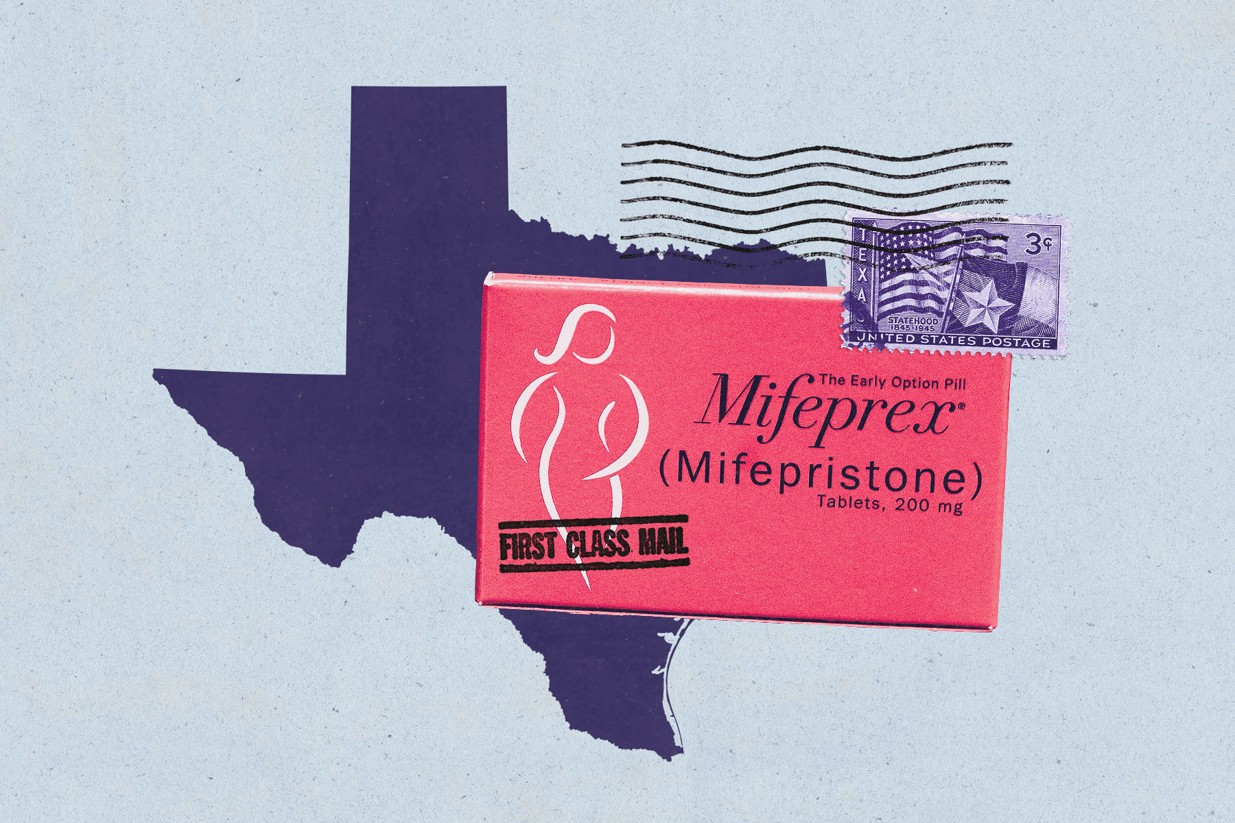 A pink Mifeprex (mifepristone) pill box marked “First Class Mail” appears centered over a dark silhouette of the state of Texas. A vintage purple postage stamp and black postal cancellation lines sit in the top right corner of the image. The background is a light speckled blue.