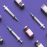 Illustrative collage of needles and vaccine bottles on purple background.