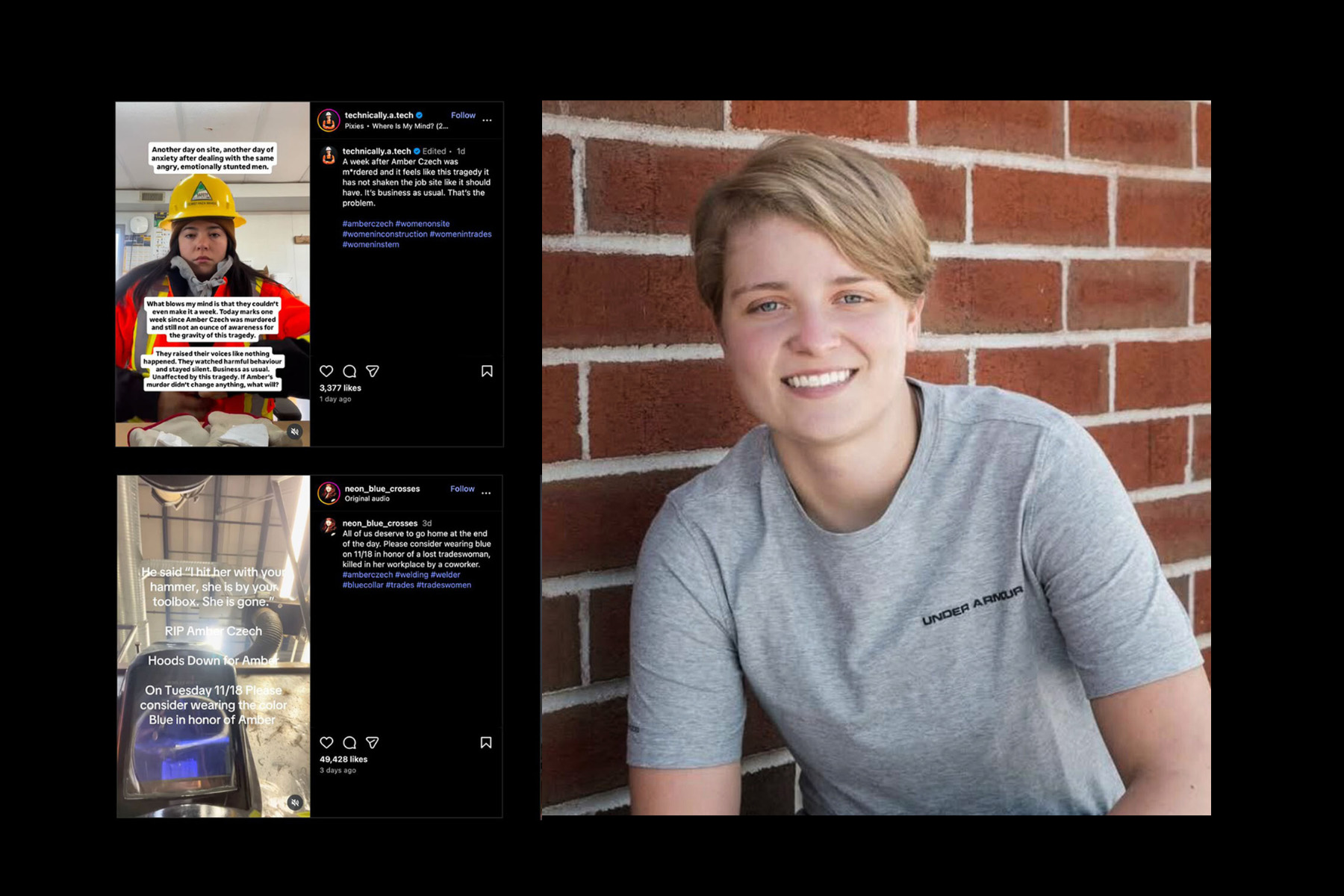 A collage with two vertical Instagram posts on the left and a portrait on the right. The posts show women in construction or welding environments with overlaid text reacting to the death of Amber Czech. On the right is a portrait of Amber Czech with short blond hair, wearing a gray Under Armour T-shirt, sitting against a brick wall.