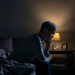 Older Asian woman sitting on a bed with a night light on.